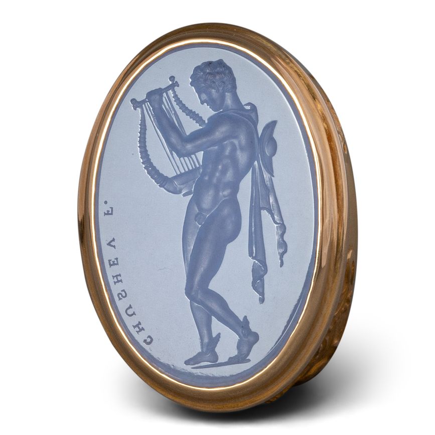 Ancient technique revival- Olithica Hermes intaglio engraved onto blue chalcedony and set in 18k gold